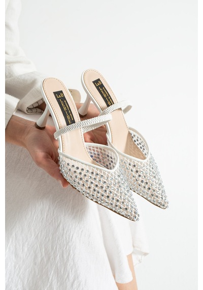 Lebibe Shoes Mına Kadın Beyaz File Taşlı 7 Cm Topuklu Slingback Sivri Burun Abiye Ayakkabı Lebibe Shoes Mına Kadın Beyaz File Taşlı 7 Cm Topuklu Slingback Sivri Burun Abiye Ayakkabı