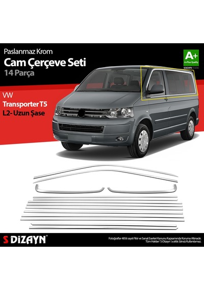 S-dizayn Vw Transporter T5 Uzun Şase Krom Cam Çerçeve Seti 2003-2015 Tek Sürgü A+ Kalite