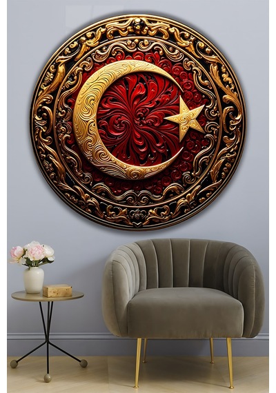 Ay Yıldız Gold Kırmızı Yuvarlak Temperli Dekoratif Cam Tablo Türk Bayrağı Temalı Lüks Duvar Dekoru Türk Bayrağı Temalı Dekoratif Duvar Tablosu, Ev, Ofis Ve Özel Gün Dekoru, 60x60 Cm