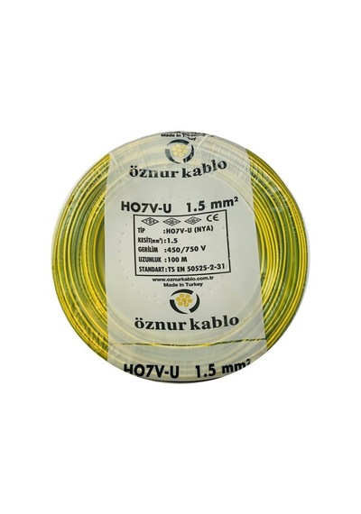 Öznur 1,5 Mm2 Nya Kablo Tek Damar Sarı Yeşil 100mt