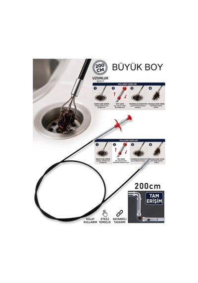 2 Metre Kıskaçlı Lavabo Açma Teli Tıkalı Banyo Lavabo Deliği Gider Boru Açma Teli 4 Kıskaçlı