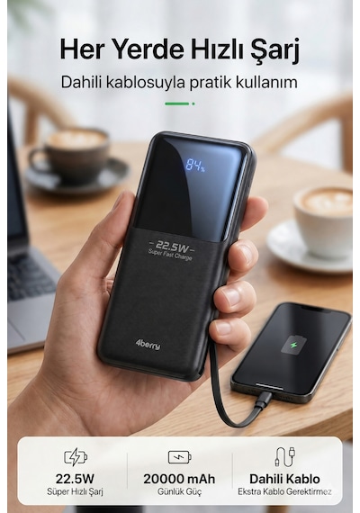 Ym832 20000mah 22.5w Süper Hızlı Şarj Type-c Ve Lightning Kablolu Powerbank Siyah