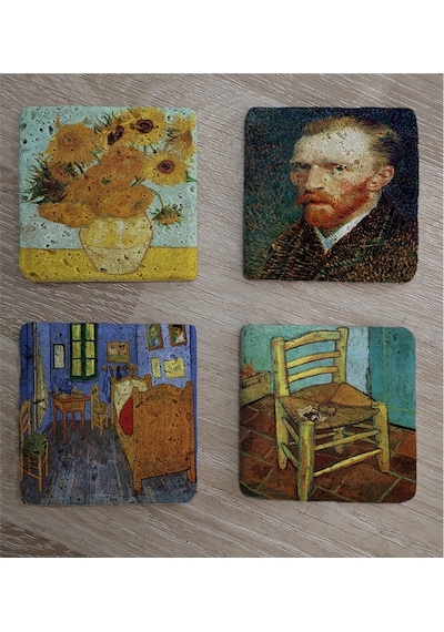 Van Gogh Eserleri Doğal Taş Bardak Altlığı 4'lü Set - Natural Stone Coasters - Taş Çok Renkli