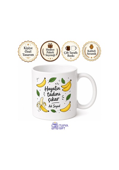 Muz Temalı Baskılı Kupa Bardak Hediye Özel Tasarım Porselen Mug Beyaz / Çok Renkli