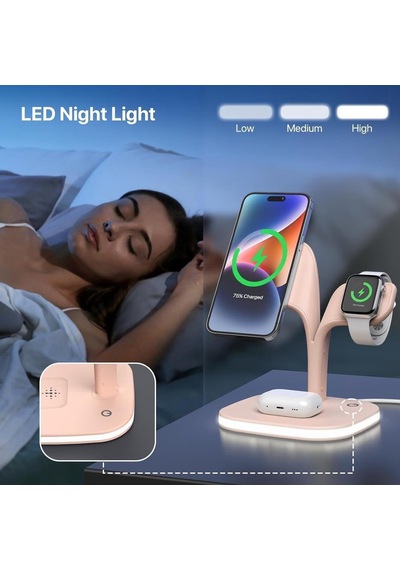 Ud22 5in1 Apple İçin Gece Lambalı Şarj İstasyonu 15w, Hızlı Şarj Kablosuz Şarj Standı