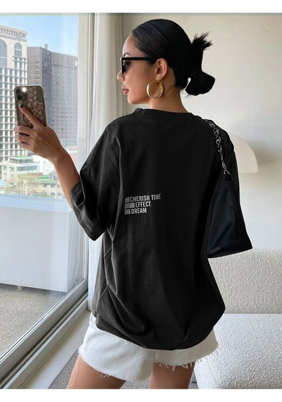 Unisex Siyah Oversize Cheeris Time Baskılı Örme T-shirt Siyah