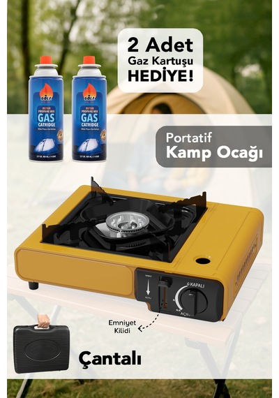 Portatif Kamp Ocağı - Taşıma Çantalı Gazlı Stop Emniyetli Sarı Kamp Ocağı Ve 2 Adet 227 Gr Kartuş Sarı