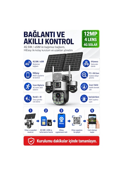 Tk-s1447 12mp 4 Kameralı 36x Optik Zoom 4g Esım Solar Ptz Kamera 32000mah Batarya 20w Panel
