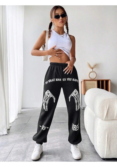 Coolane Skeleton Hand & Letter Graphic Elastic Waist 4 Mevsim Eşofman Siyah