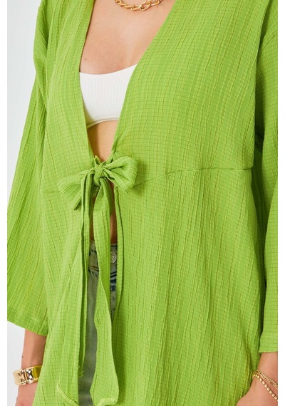 Armonika Kadın Fıstık Yeşili Kendinden Çizgili Önden Bağlamalı Kimono Gömlek Arm-24y001101