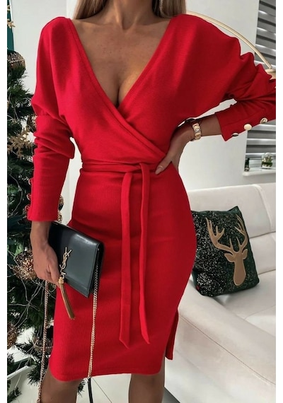 Sinemonline Kadın Uzun Kollu Kruvaze Yaka Bağcık Detay Akrilik Mini Boy Elbise Kırmızı
