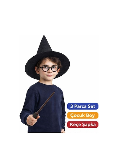 Harry Potter Tarzı Çocuk Seti Siyah Keçe Şapka, Asa, Gözlük N712