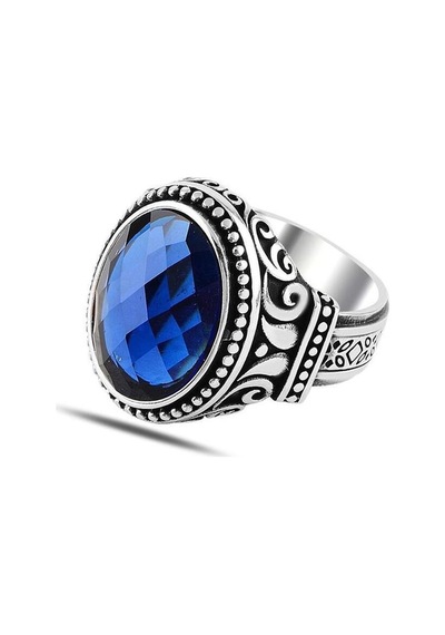 Takılingo 925 Ayar Gümüş Mavi Kesme Zirkon Taşlı Kral Tacı Model Erkek Yüzük Gümüş
