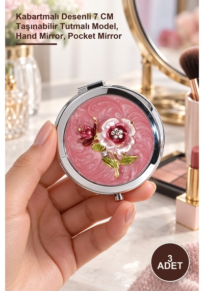 3 Adet El Aynası Kabartmalı Desenli 7 Cm Taşınabilir Tutmalı Model, Hand Mirror, Pocket Mirror