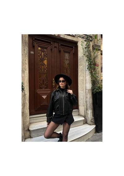 Merstore Yeni Sezon Kadın Bomber Deri Ceket Siyah Siyah