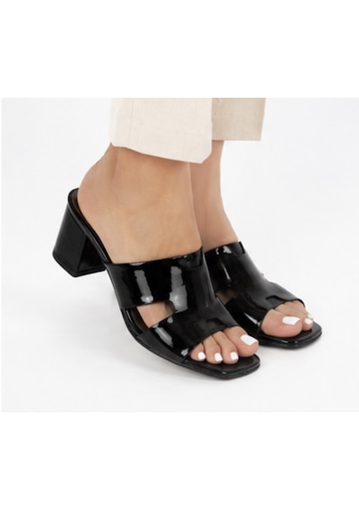 N Napa Shoe Np.9550.s.iyah Rugan Kadın Rugan Topuklu Terlik Kalın Topuklu, Kare Burun, Günlük Ve Şık Kullanım Siyah