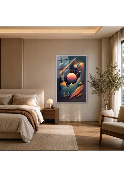 Kozmik Geometrik Gün Batımı Gümüş Çerçeveli Cam Tablo