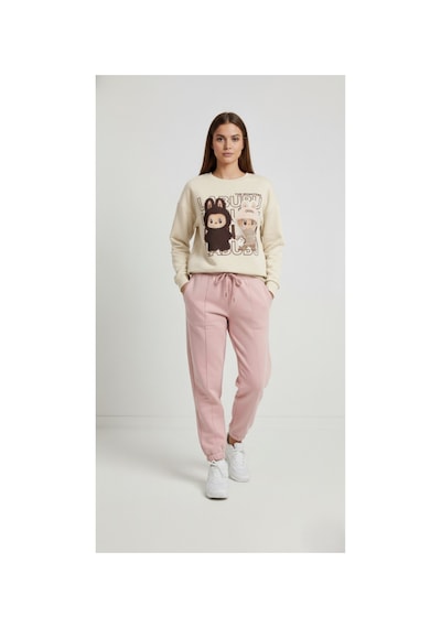 The Kadın Soft Touch Ayıcık Desenli %100 Pamuk Sweatshirt - Casual Fit- Krem/pembe Krem