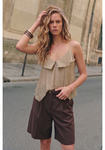 Sateen Fırfır Detaylı Askılı Bluz - Bej-137723