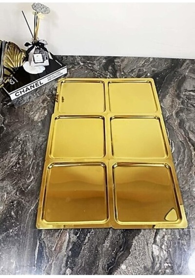 Lüx Paslanmaz Çelik Kare 6'li Gold Kahve, Çay, Nişan, Söz, Dekoratif Sunum Servis Tepsisi Çok Renkli