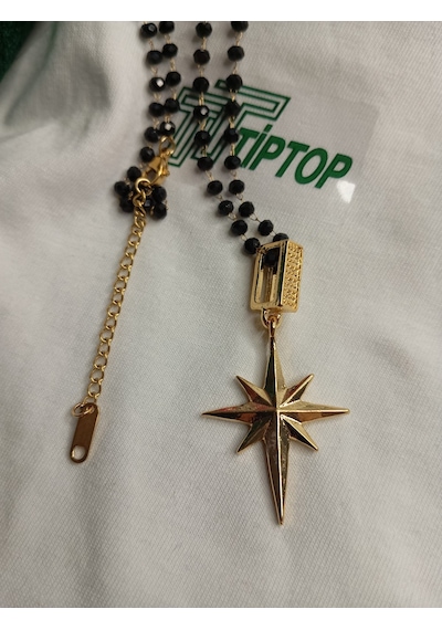 Tiptop/ Siyah Boncuklu Gold Renk Kutup Yıldızı Ve Silver Çelik Kolye 2'li Set Gold