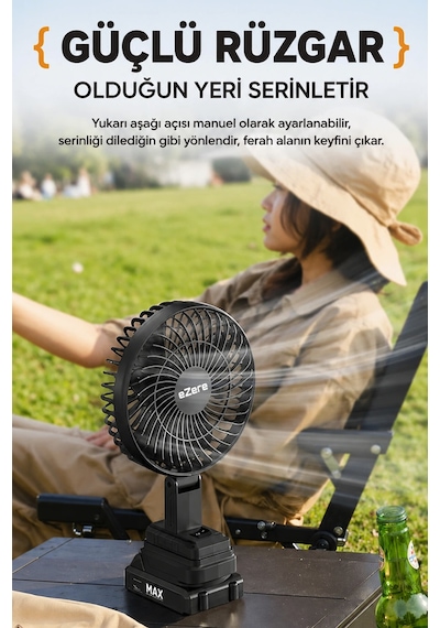 Şarjlı Taşınabilir Vantilatör 8 Saat Kullanım Turbo Şarjlı Şarj Göstergeli 5 Kademeli Outdoor Kullanımı