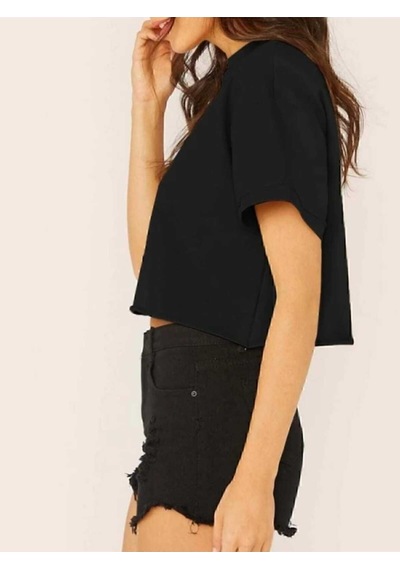 Crop Bisiklet Yaka Örme T-shirt Siyah
