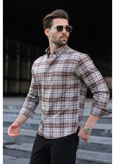 Madmext Camel Düğmeli Ekose Desenli Erkek Gömlek E6768 Camel
