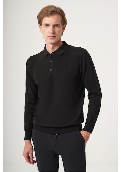 İmza Siyah Polo Yaka Uzun Kol Örme Comfort Fit Pamuklu Kazak 1012265007