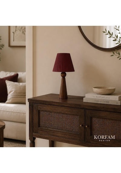 Bordo Keten Kumaş Başlıklı Ahşap Abajur Çok Renkli