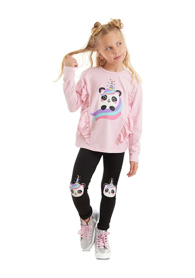 Denokids Panda Unicorn Kız Çocuk Pembe T-shirt Siyah Tayt Takım Pembe - Siyah Denokids Panda Unicorn Kız Çocuk Pembe T-shirt Siyah Tayt Takım Pembe - Siyah