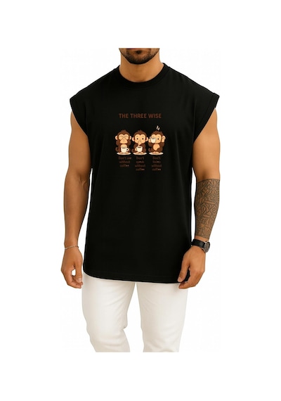 Bahriyeli Collection Oversize The Three Wise 3 Maymun Göğüs Baskılı Atlet SIYAH