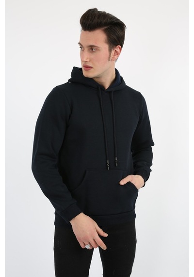 Modish Üç İplik Şardonlu Kapşonlu Düz Erkek Günlük Sweatshirt Lacivert