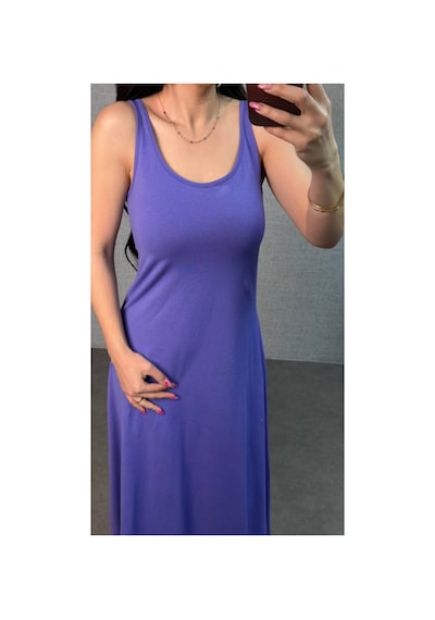 Butik İstanbul Kadın Askılı Yuvarlak Yaka Süprem Kumaş Elbise Lila