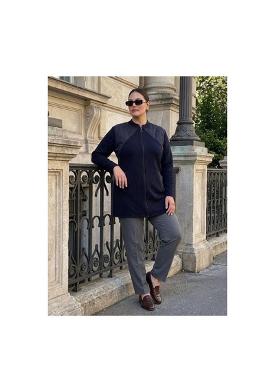 Onno Style Women Omzu Kapitoneli Çelik Örgü Fermuarlı Triko Kadın Ceket Lacivert