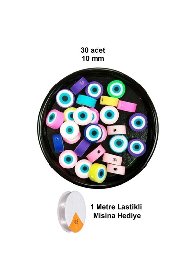 30 Adet 10 Mm Polimer Kil Fimo Boncuk Takı Bileklik + 1 Metre Lastikli Misina  - Nazar Boncuğu