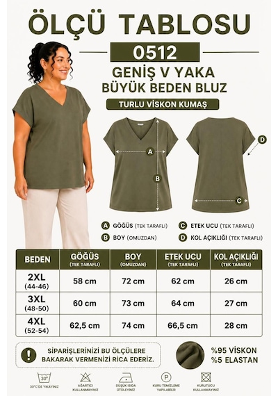 Paw Garage Kadın Büyük Beden Günlük Bluz - Geniş V Yaka Kısa Kol Bluz Haki