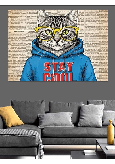 Gözlüklü Cool Kedi İllüstrasyon Tablo Dekoratif Kanvas - Mdf Ahşap Tablo