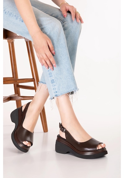 Gondol Hakiki Deri Platform Taban Sandalet Pkr.64003 Kahverengi