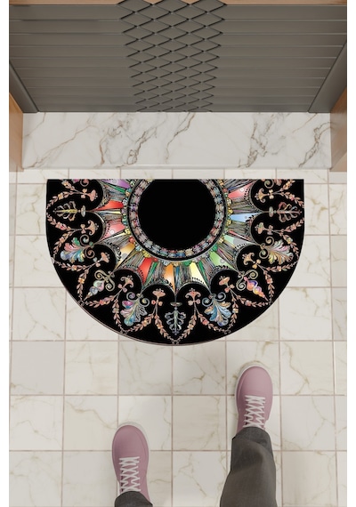Rugmood Modern Dijital Paspas Siyah Mandala Desen Paspas - Kapı Önü Paspası