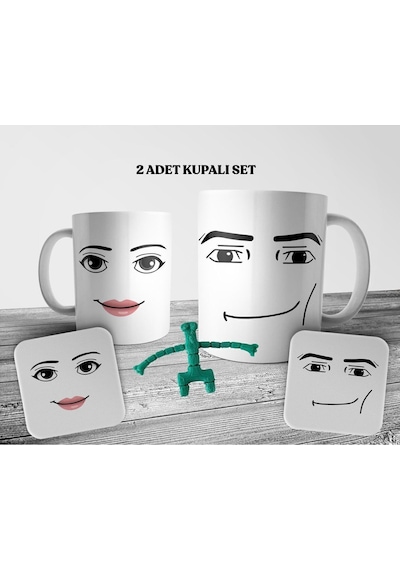 Roblox Man & Woman Face 2 Adet Kupa Bardak Ve Bardak Altlığı Seti Beyaz