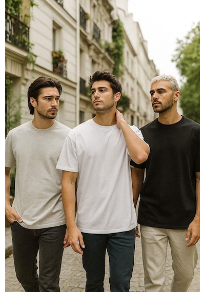 Rich Erkek 3'lü Paket Siyah-beyaz-gri Melanj Pamuklu Oversize Tişört Bisiklet Yaka Kısa Kollu T-shirt Gri