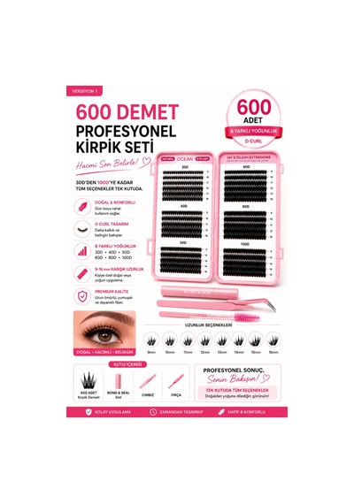 600 Adet Takma Kirpik Küme Seti Yapıştırıcı Cımbız Ve Fırça 30d40d50d60d80d100d