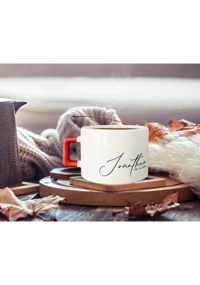 Bk Gift Kişiye Özel İsimli Tarihli Kırmızı Kulplu Çay & Kahve Fincanı-7, Arkadaşa Hediye, Sevgiliye Hediye