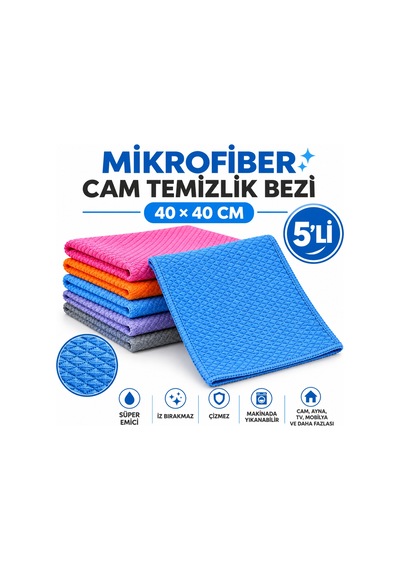 Mikrofiber 40x40 Cm 5'li Baklava Desen Cam Temizlik Bezi - Renkli Diğer