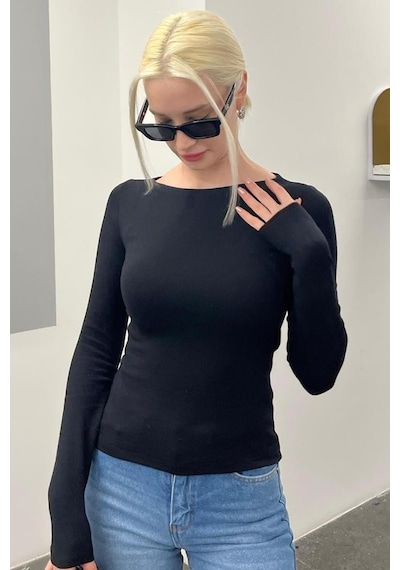 Madmext Siyah Kayık Yaka Uzun Kollu Kadın Top Body Mg2267 Siyah