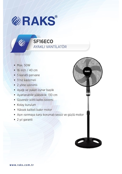 Raks SF16 Eco 50 W Salınım Özellikli Ayaklı Vantilatör Siyah