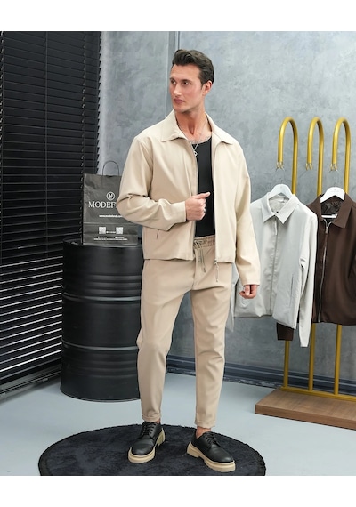 Modefendi Düz Kumaş Oversize Fermuarlı Alt Üst Jogger Takım Bej