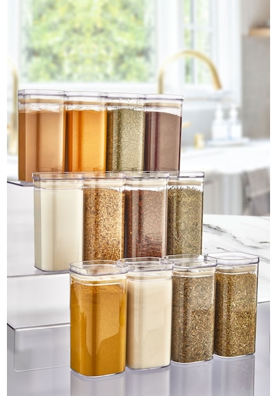 KitchenLife Gold Etiketli Akrilik Vakumlu Kare Baharatlık Seti 12'li 300 ML Şeffaf