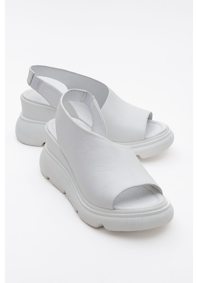 Luvishoes Agusto Beyaz Cilt Hakiki Deri Kadın Dolgu Topuk Sandalet Beyaz